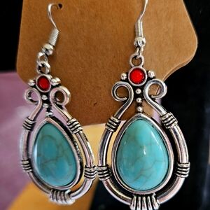 Turquoise and Red Silver Earrings